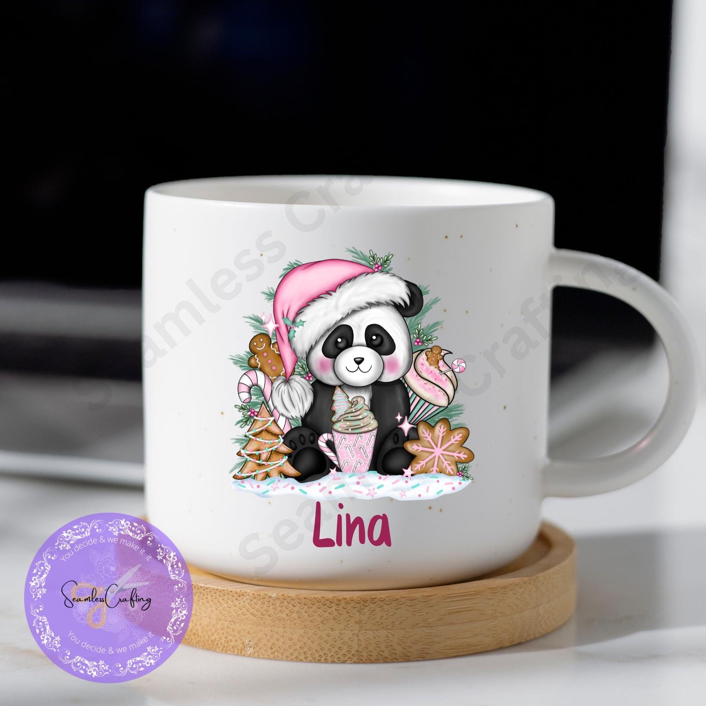 Personalised Christmas Panda, Children's unbreakable cup, 6 0z &12 oz Christmas movie mug, Hot chocolate mug, Pink, Red Panda, Add any name