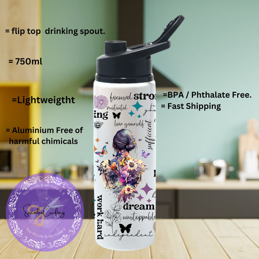 Personalised aluminium inspirational colourful butterfly flowers water bottle, Positive affirmation mental health awareness bottle.