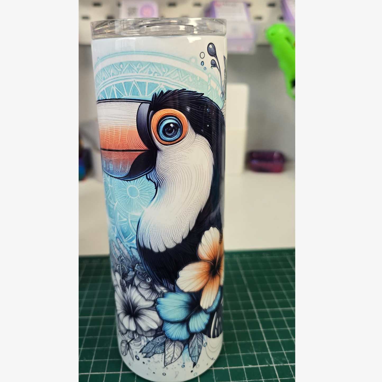 tropical toucan travel mug aesthetic floral tumbler with metal straw