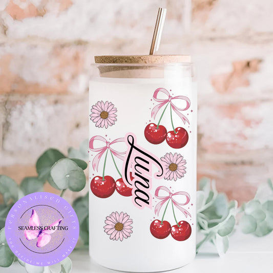 Personalised Cherry Conquette glass cup with lid & strew, Iced coffee mug, summer drink set reusable 16 oz can glass, Tumble cup custom made