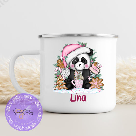 Personalised Christmas Panda, Children's unbreakable cup, 6 0z &12 oz Christmas movie mug, Hot chocolate mug, Pink, Red Panda, Add any name