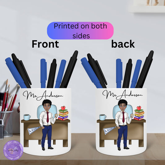 Personalised Male teacher Caricature, Character Pencil holder, End of School present, New Teacher, build your character, pens pot gift
