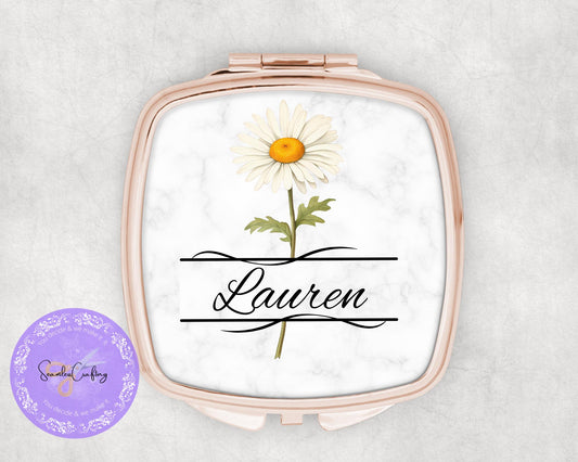 Personalised Pocket Flower of the Month Compact Mirror, add any name, Gift for her, Bridal gift, Rose Gold, Gold Mirror, Wedding Favor