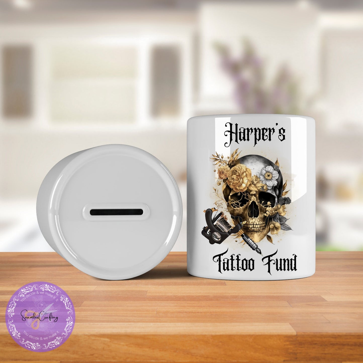 Personalised Tattoo Skull Ceramic Money Box, Tattoo Fund Jar, Tattoo Addict Lover Piggy bank, Gift for her, him, Customised Saving pot