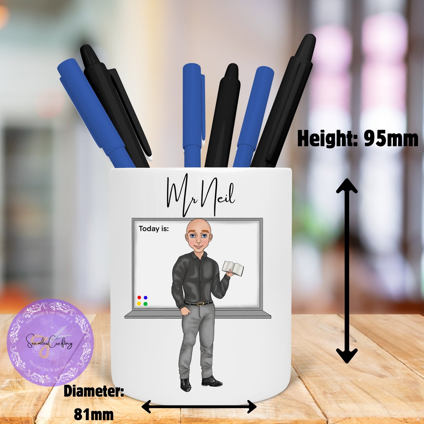 Personalised Male teacher Caricature, Character Pencil holder, End of School present, New Teacher, build your character, pens pot gift
