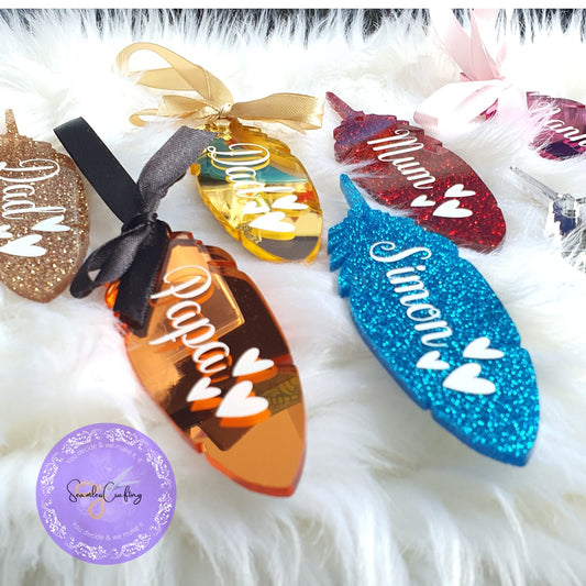 Personalised Memorial Feather, Keepsake feather, Hanging Feather Bauble, Table Holder, Thinking of you Gift, Handmade acrylic feather
