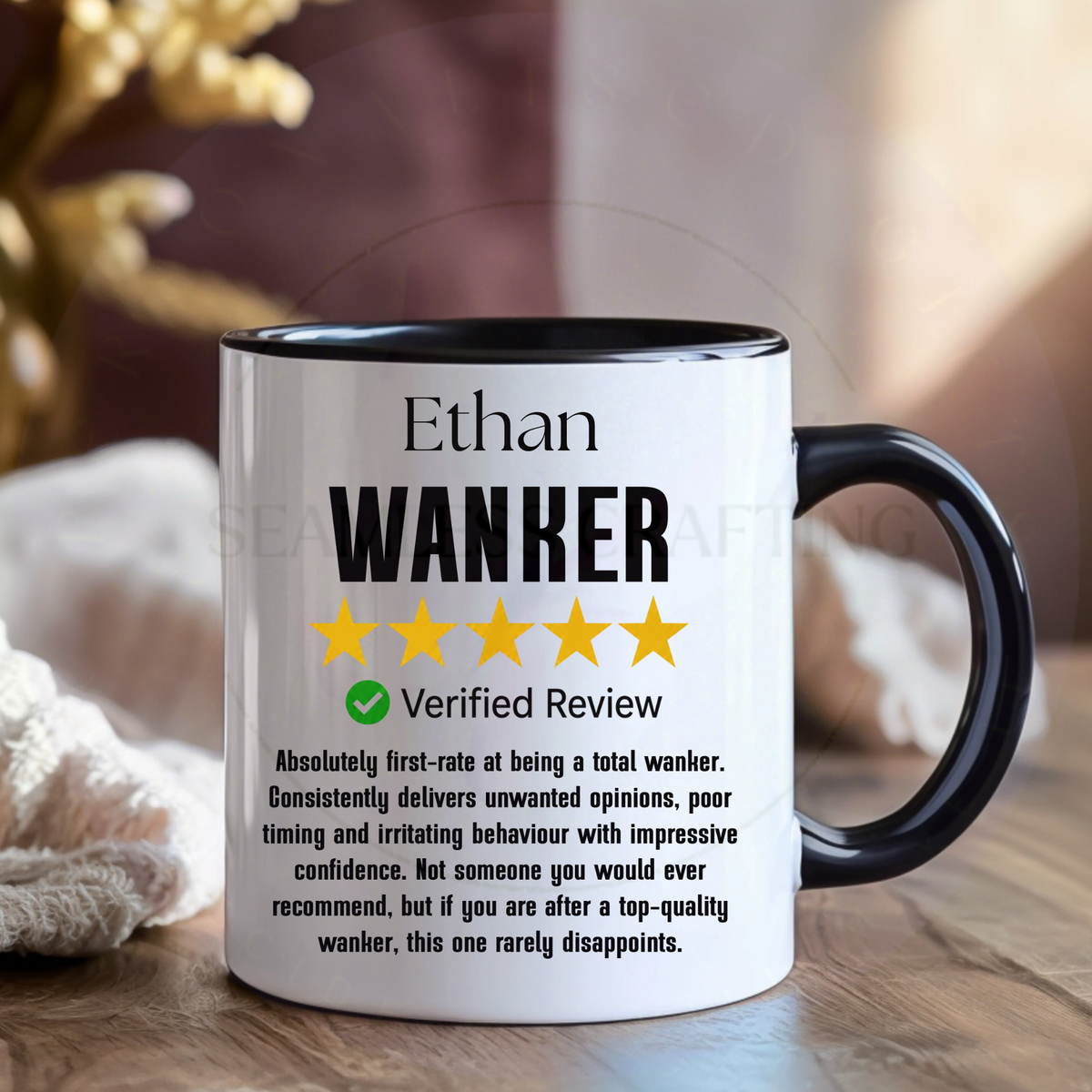 Personalised wanker mug with black handle and funny five star review