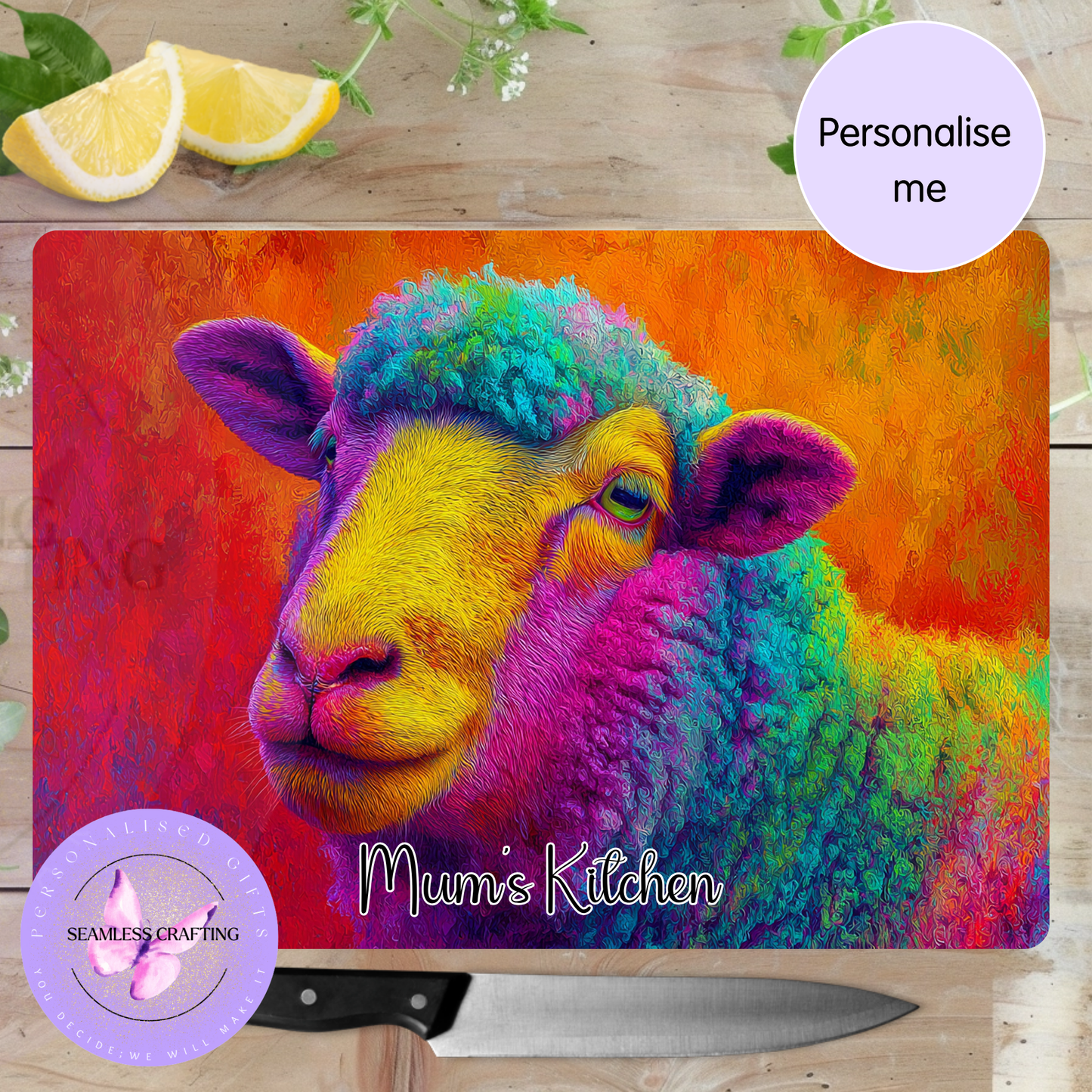 Personalised glass chopping board with sheep design displayed in kitchen custom name gift idea