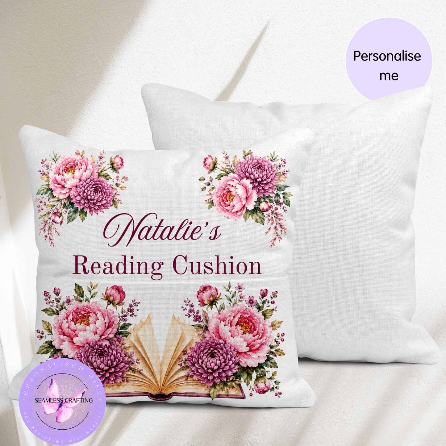 Personalised floral reading cushion with November birth flowers and custom name displayed on reading chair