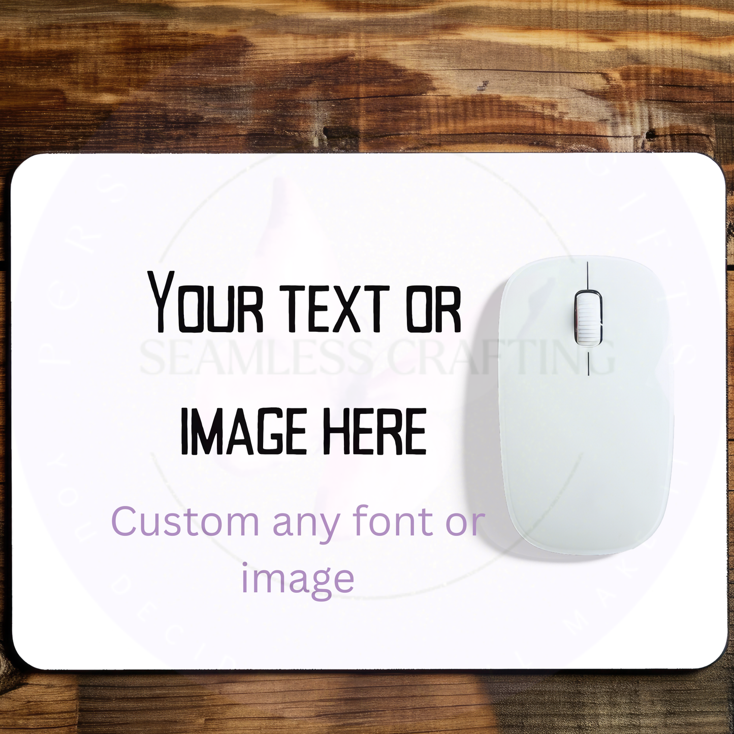 Custom mouse mat with your own text image or logo beside computer mouse
