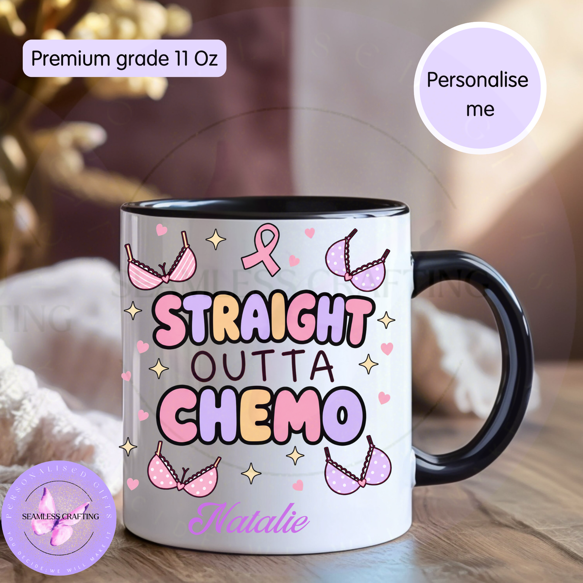 Personalised black handle Straight Outta Chemo mug for a cancer survivor