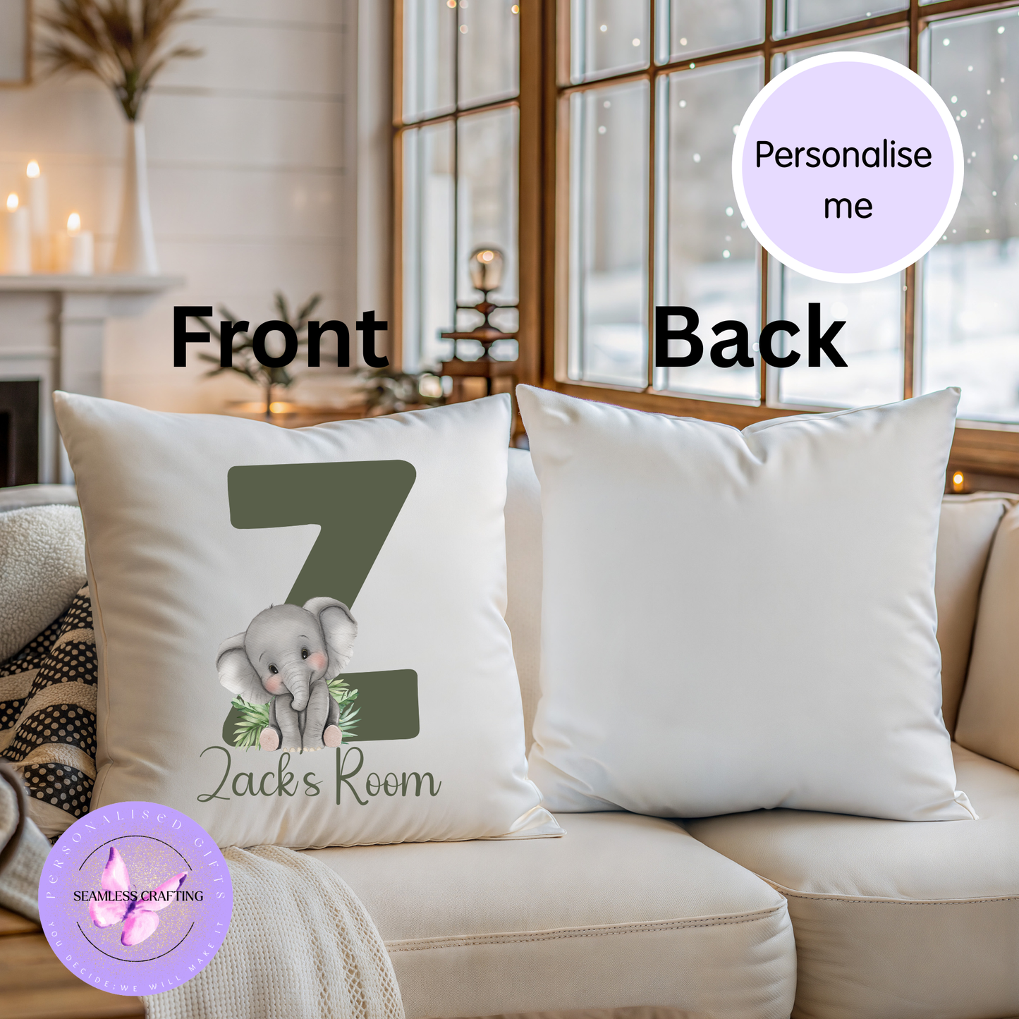 Personalised Alphabet Animal Cushion | Custom Name Initial Cushion | Nursery & Kids Bedroom Decor | 40x40cm Soft Velvet Cushion