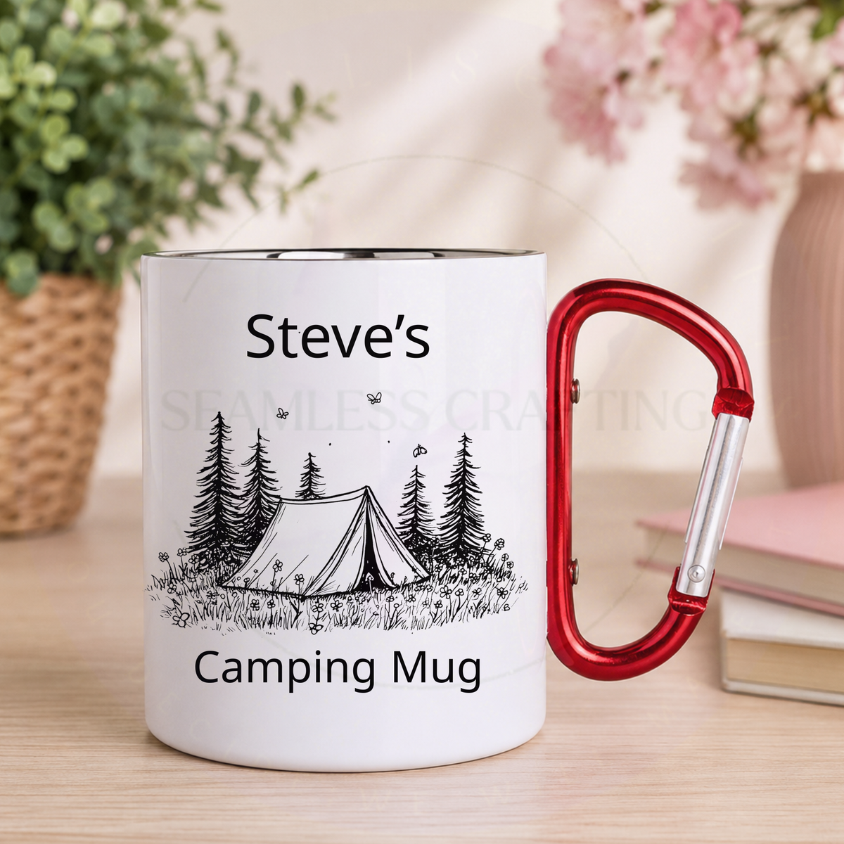 Personalised 10oz camping mug with red carabiner handle and black tent and pine-tree design