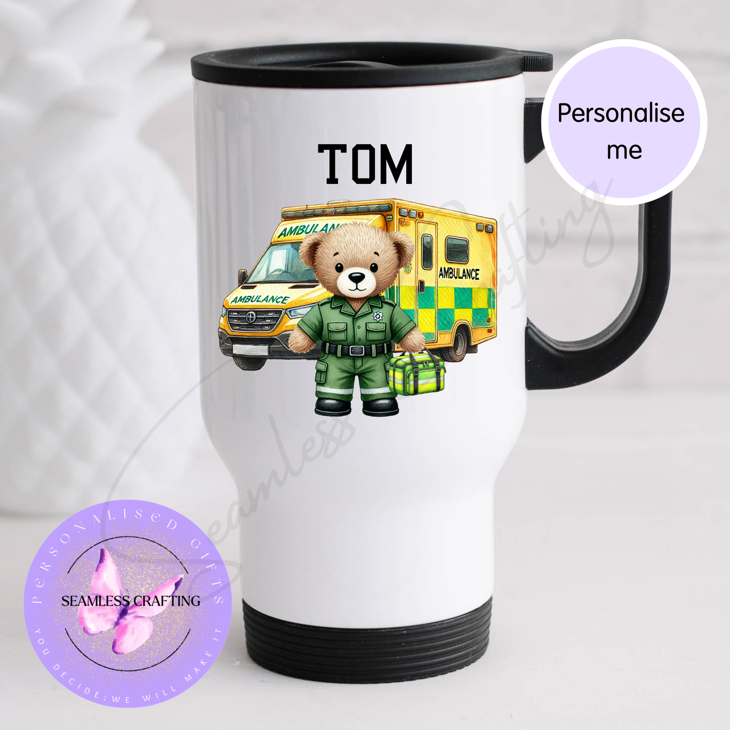 Personalised Paramedic Bear Mug or Travel Mug – Custom Name Ambulance Gift