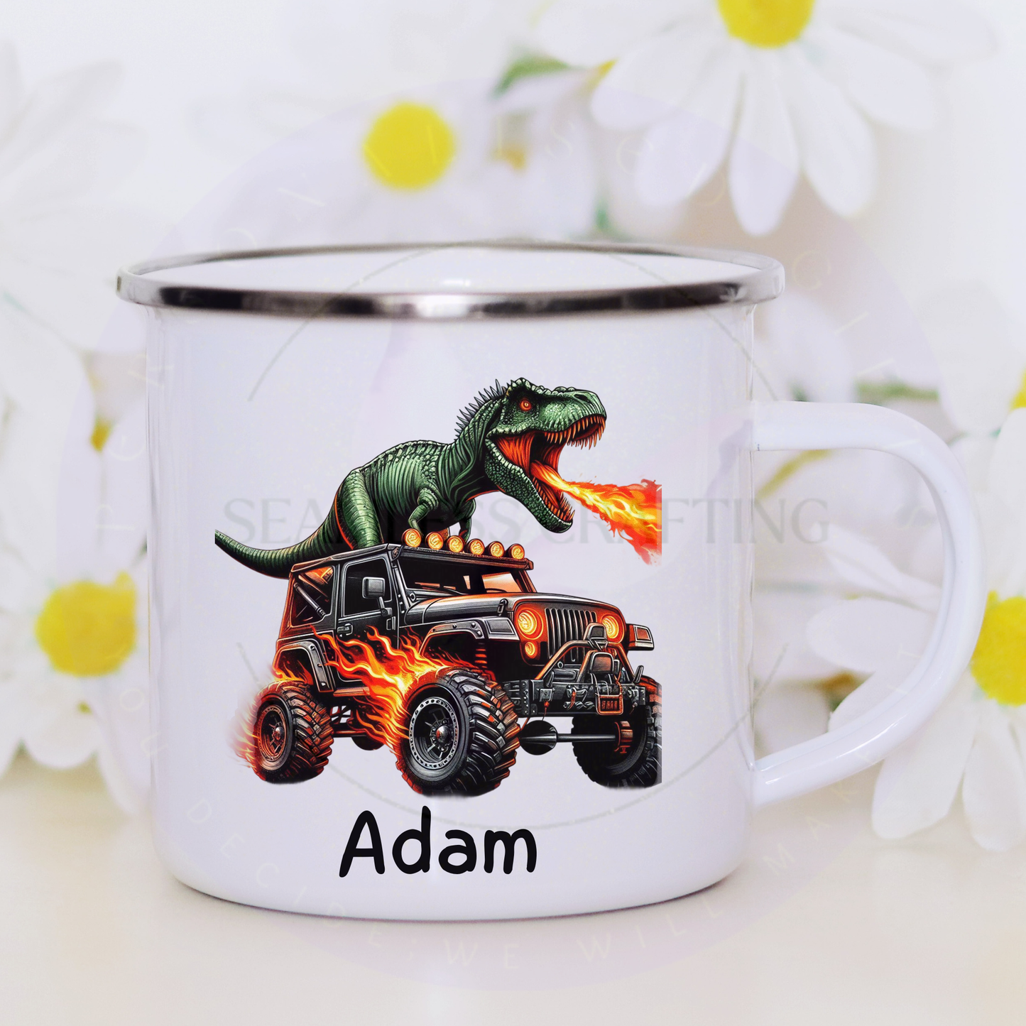 Personalised Monster Truck Dinosaur Enamel Mug | Kids Dino Truck Cup with Name | Custom Boys Gift | Camping Mug