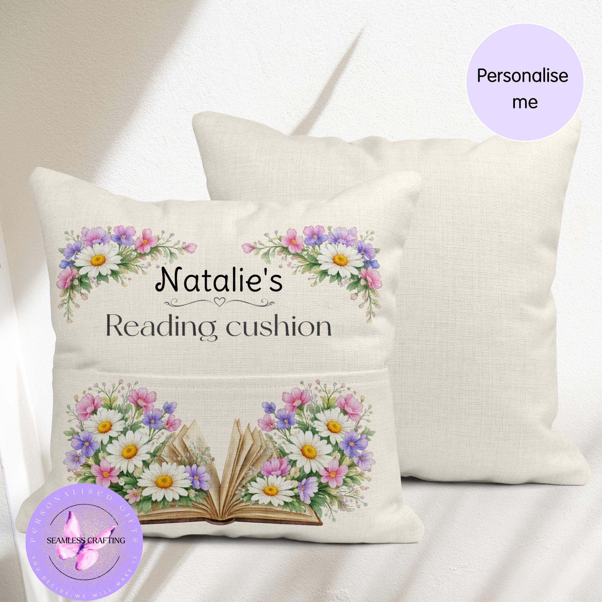 Floral daisy reading cushion personalised with name on linen fabric, April birth flower cushion with book pocket