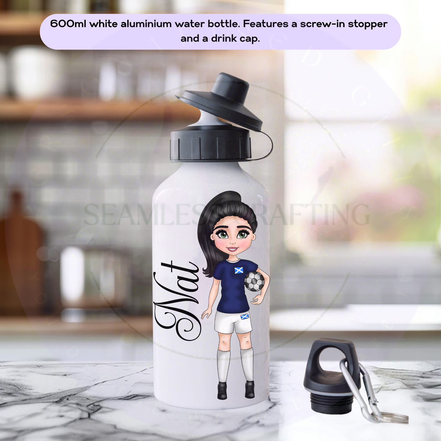 White personalised Scotland girls football bottle with custom girl character and name Elena