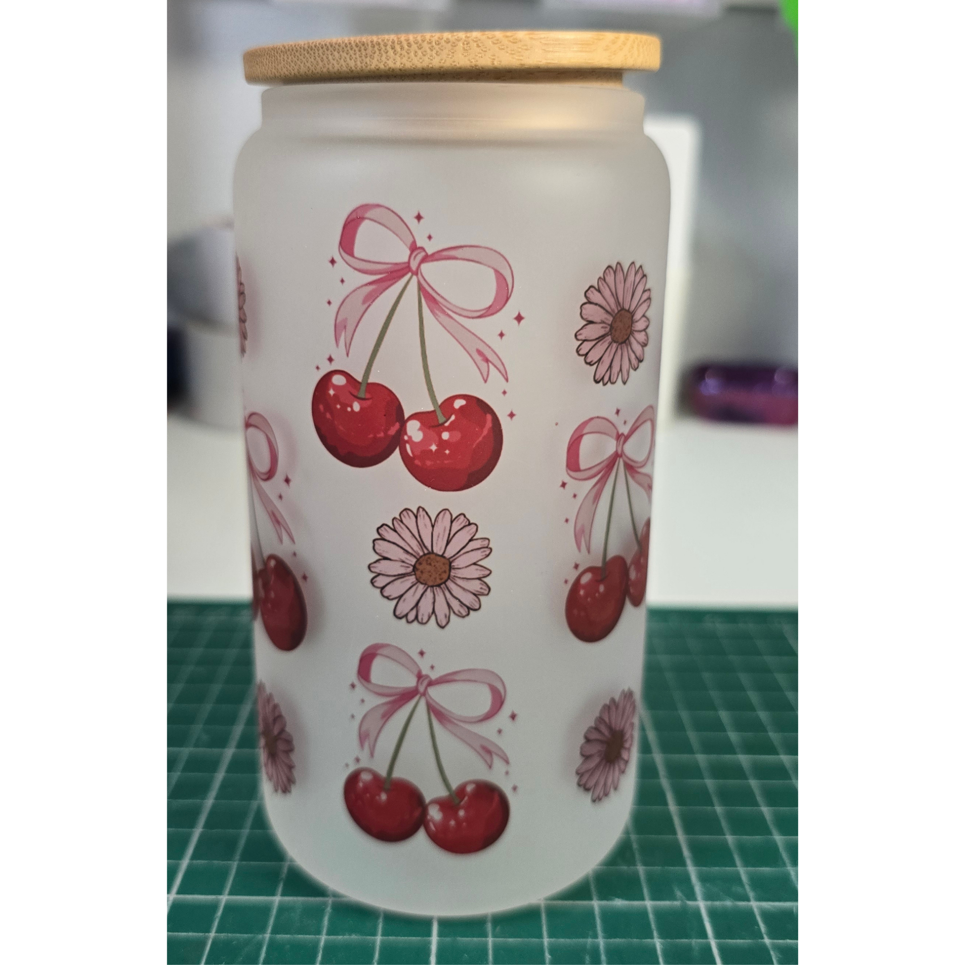 cherry bow frosted glass can with straw 16oz libbey style aesthetic cup coquette drinkware gift