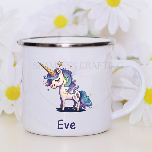 Personalised unicorn enamel mug with name for girls gift
