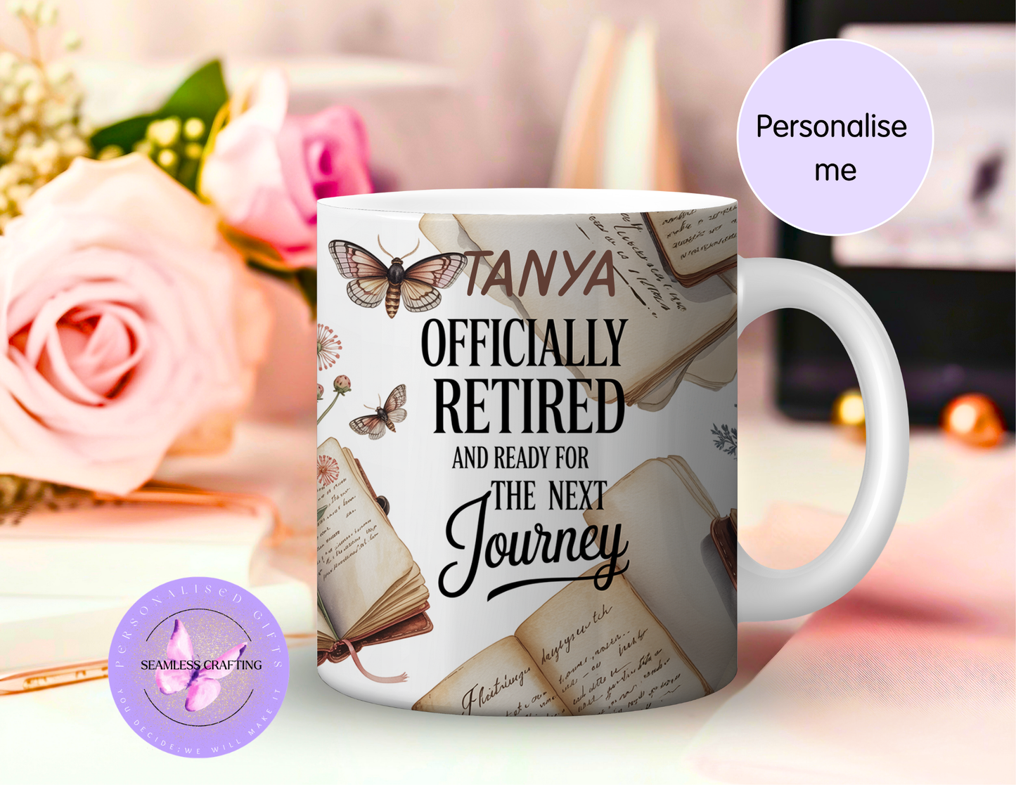 Personalised retirement mug with name featuring vintage books and butterflies – officially retired gift mug