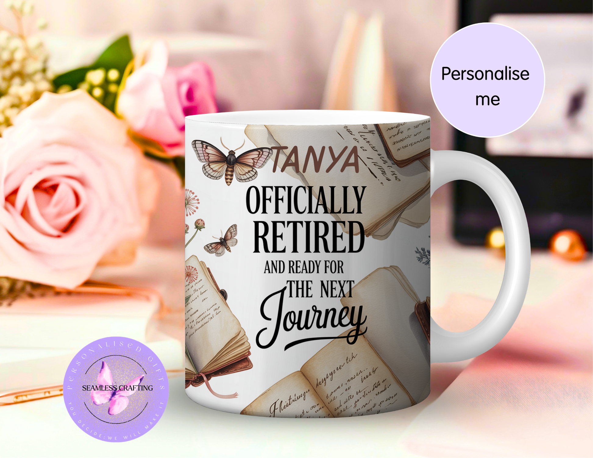 Personalised retirement mug with name featuring vintage books and butterflies – officially retired gift mug
