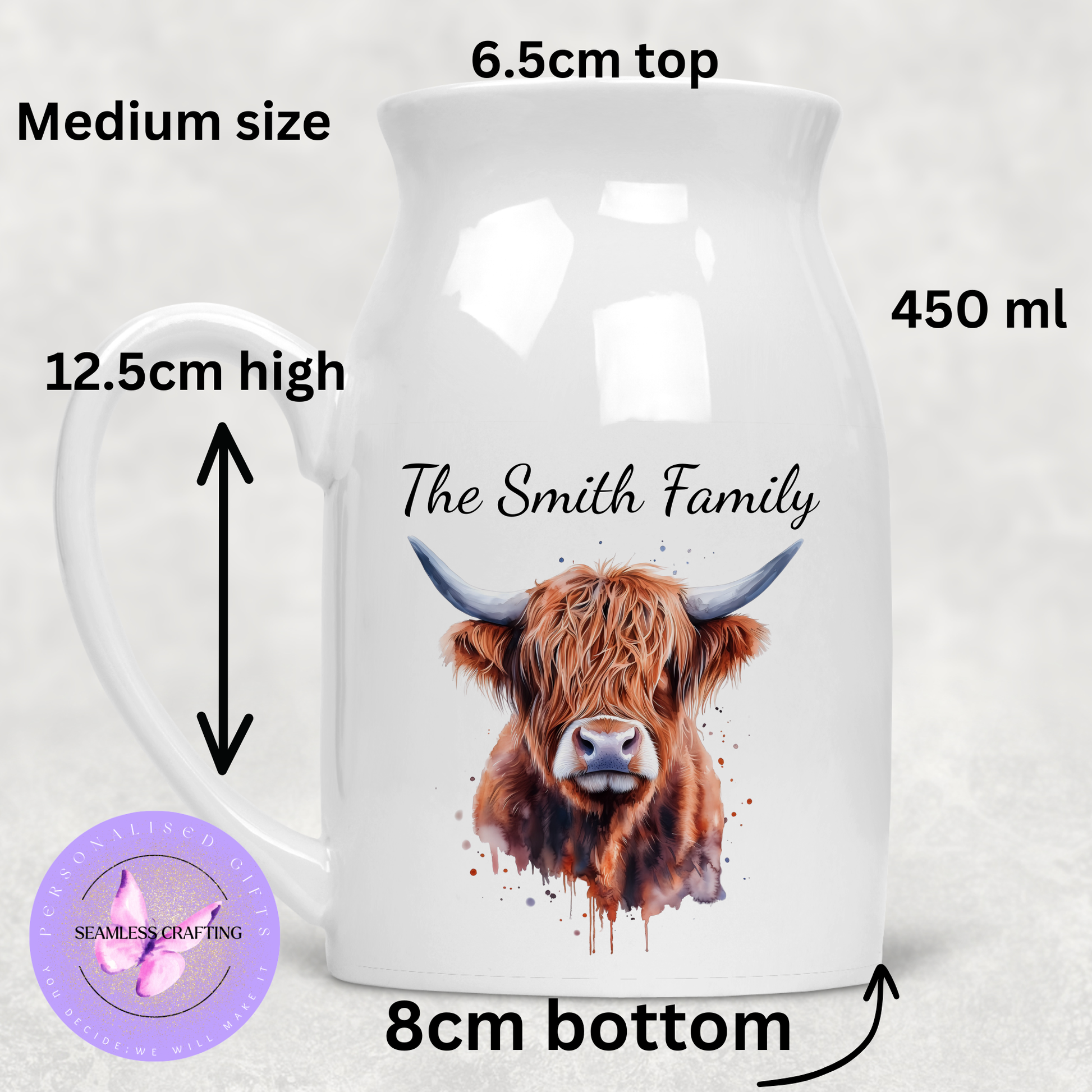 Medium 450ml personalised Highland Cow ceramic jug with custom family name, farmhouse milk pitcher UK