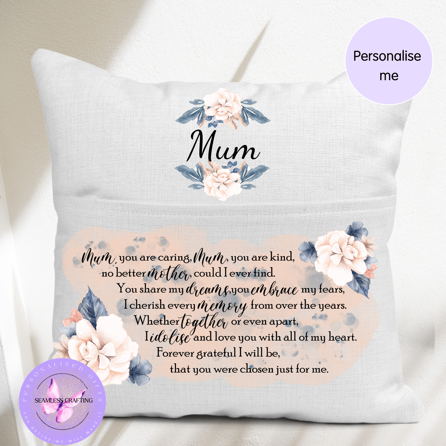 Personalised Mum Cushion & 11oz Mug Set – Floral Mother’s Day Gift – Custom Poem Pillow – Gift for Mum UK