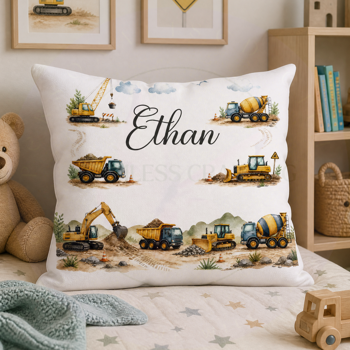 Personalised construction vehicle reading cushion in boys bedroom