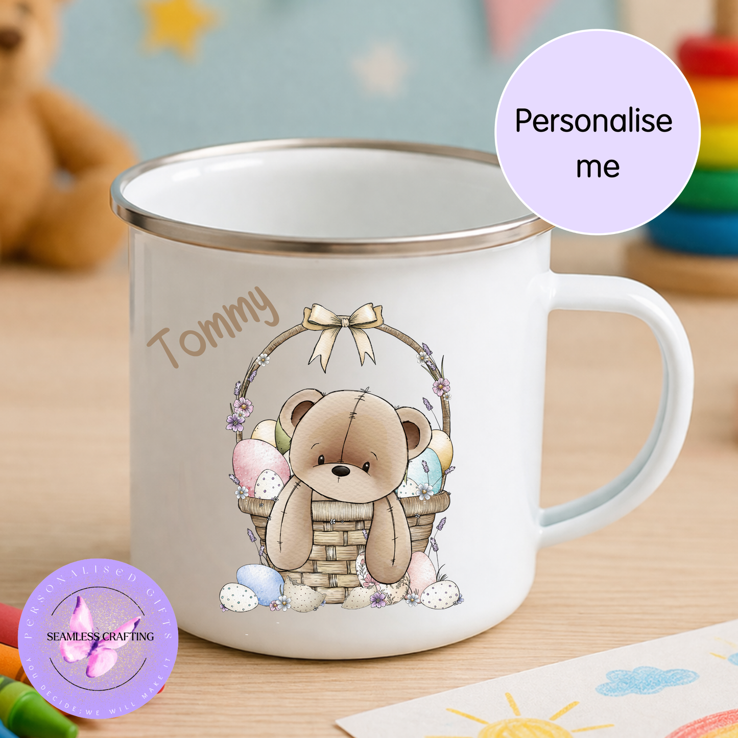 personalised enamel mug teddy bear easter design custom name kids mug unbreakable camping style cup