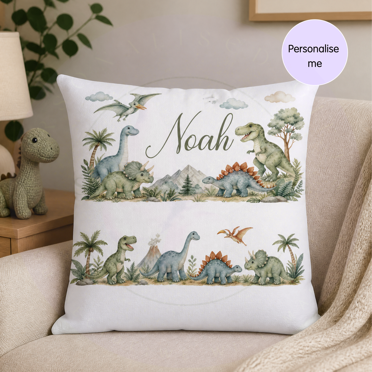 Personalised dinosaur reading cushion for boys with watercolour dinosaur design