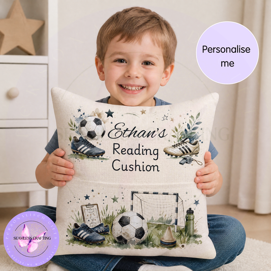 Child holding personalised football reading cushion with custom name and front book pocket