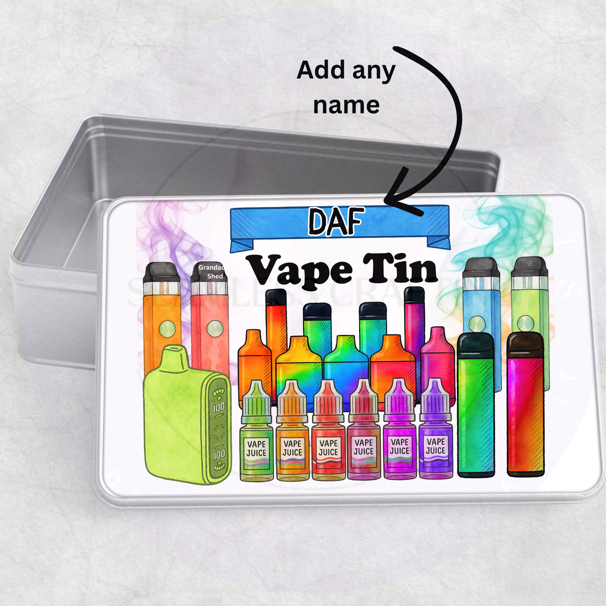 Personalised vape tin with custom name, colourful vape artwork metal storage tin for e liquid bottles and vape pods
