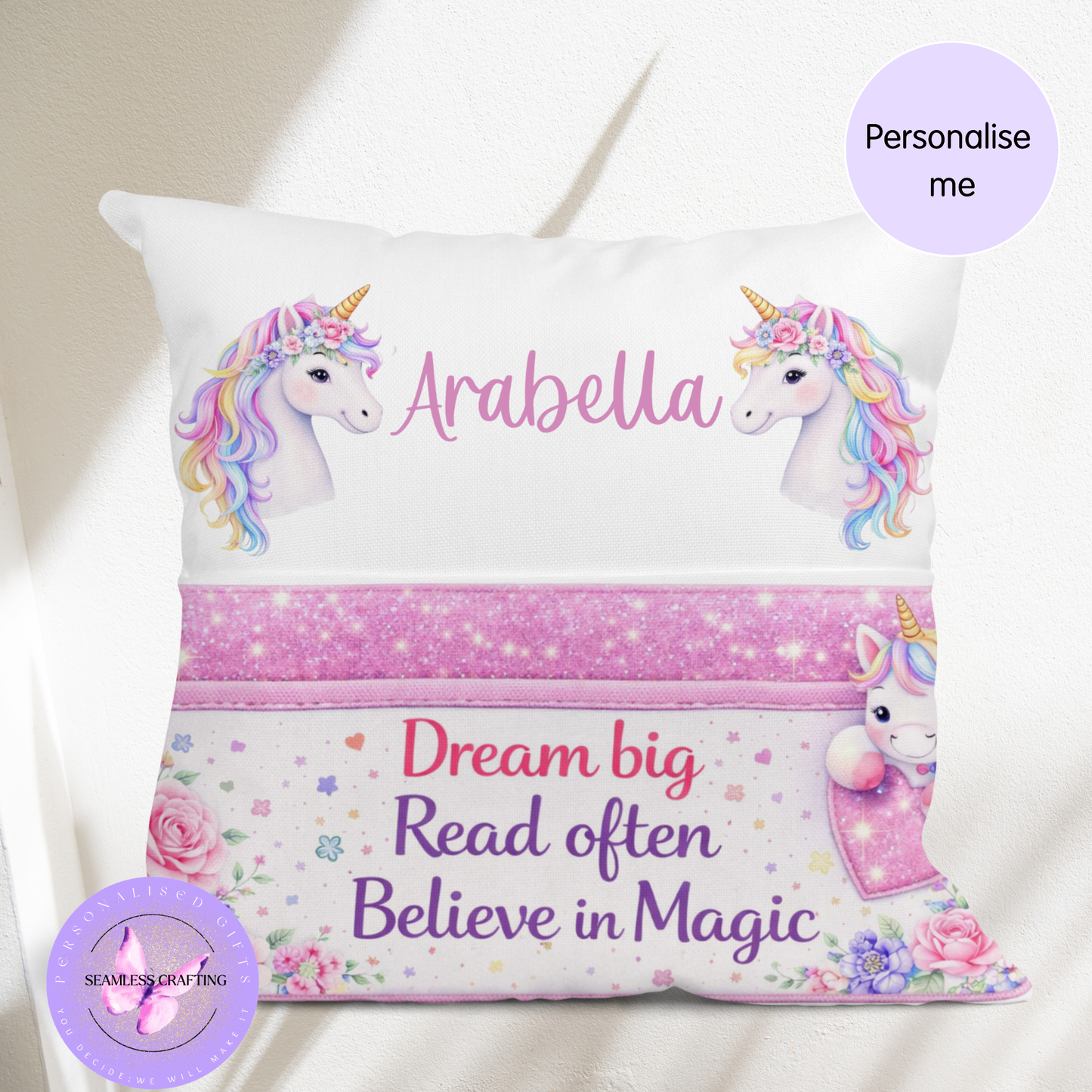 unicorn reading cushion personalised for girl, book pillow with pocket, soft velvet cushion in bedroom setting