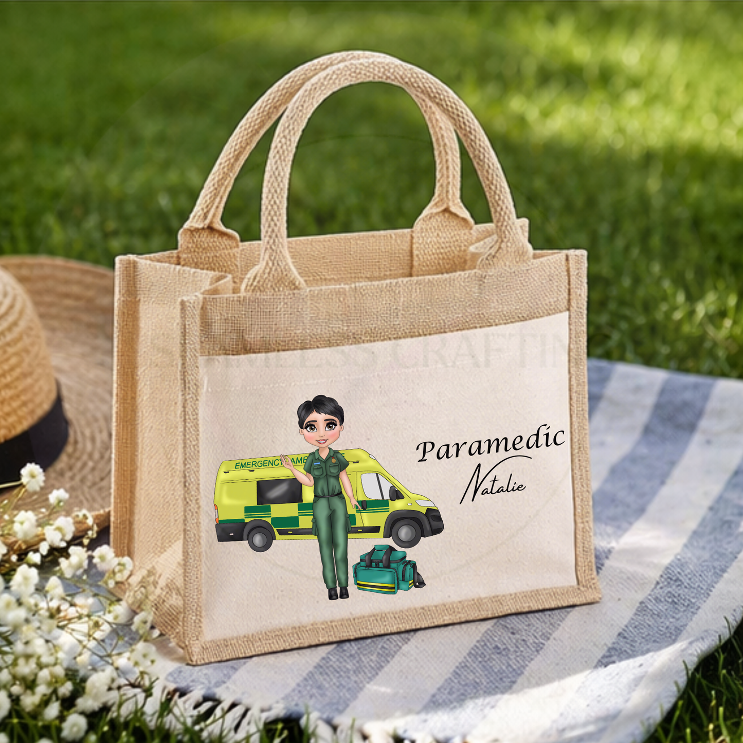 Personalised Female Paramedic Jute Tote Bag – Custom Name Gift, Ambulance Worker Bag, Eco Friendly Shopper, Nurse Medical Gift UK