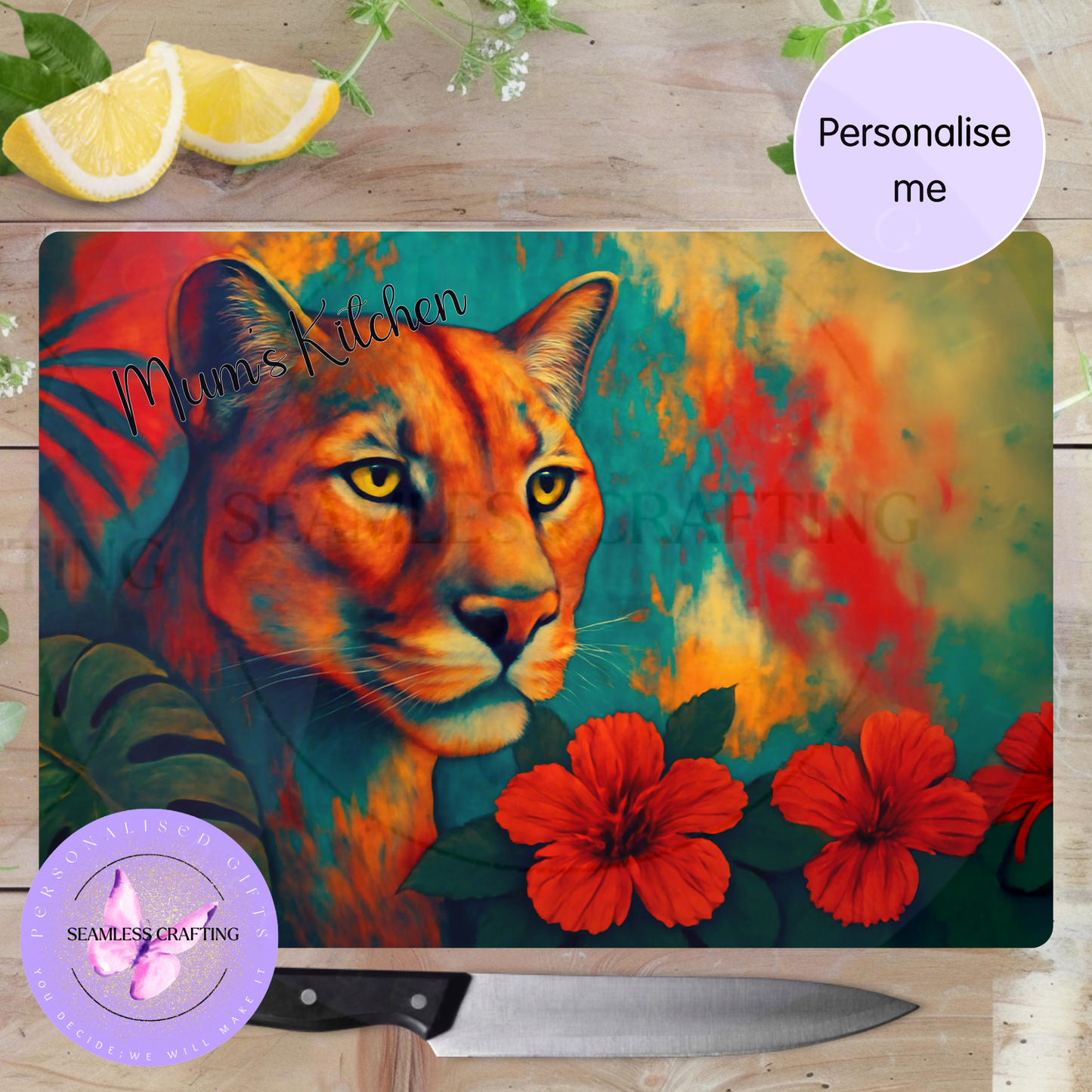Personalised Lioness Glass Chopping Board Custom Name Worktop Saver Tempered Glass Kitchen Gift Wildlife Design