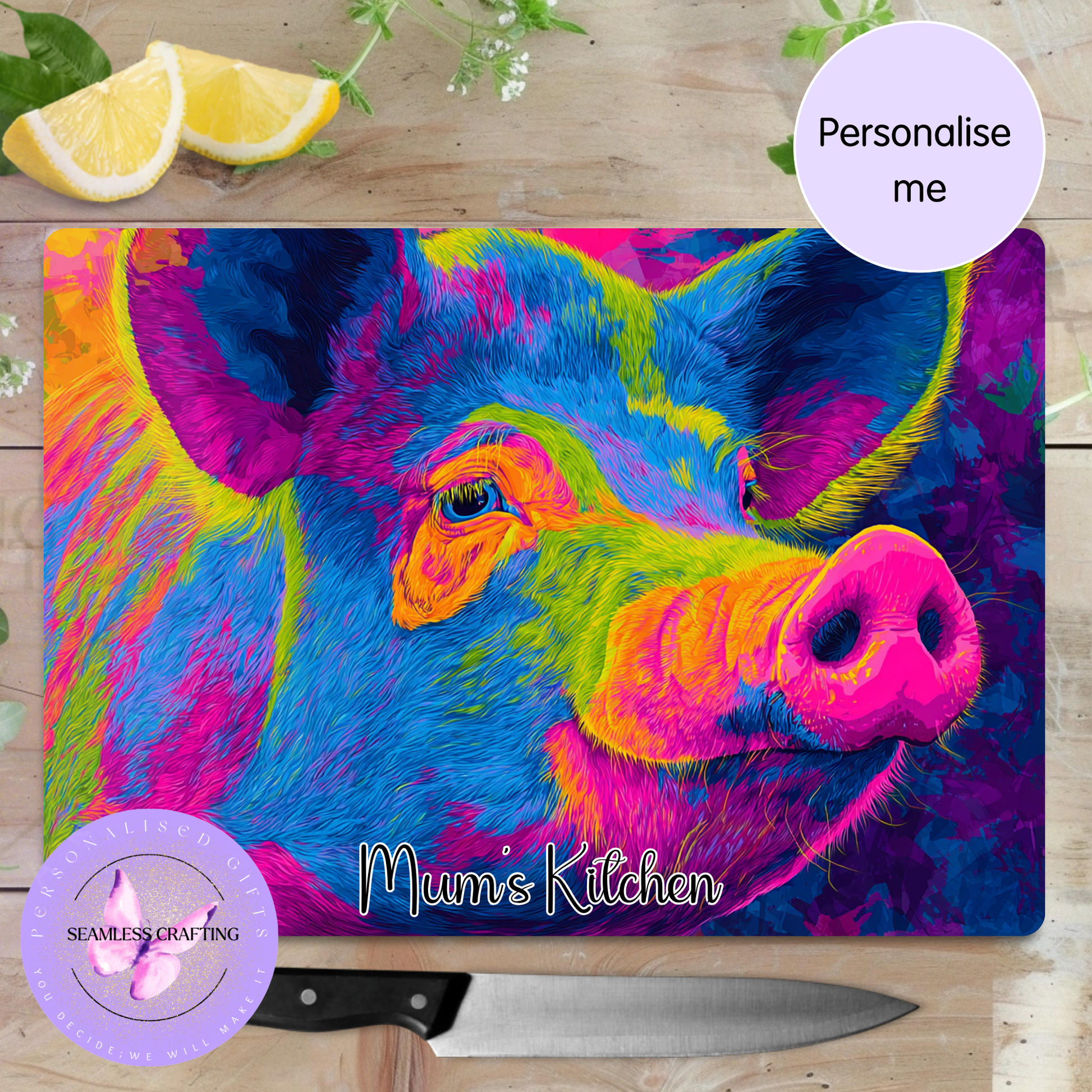 Custom name chopping board pig artwork tempered glass kitchen accessory
