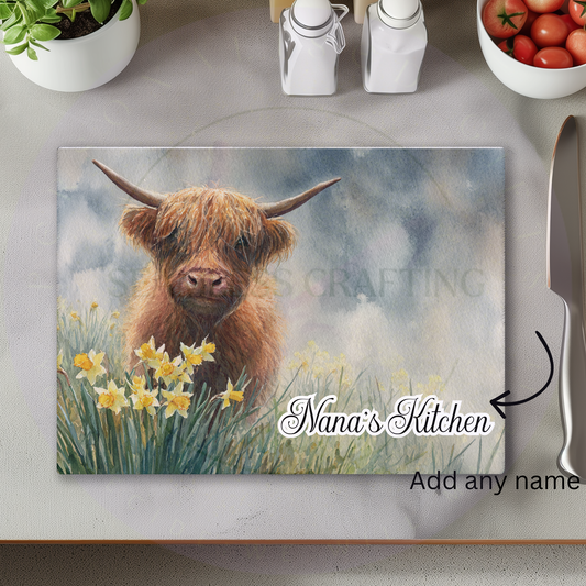 personalised highland cow chopping board with birth flower