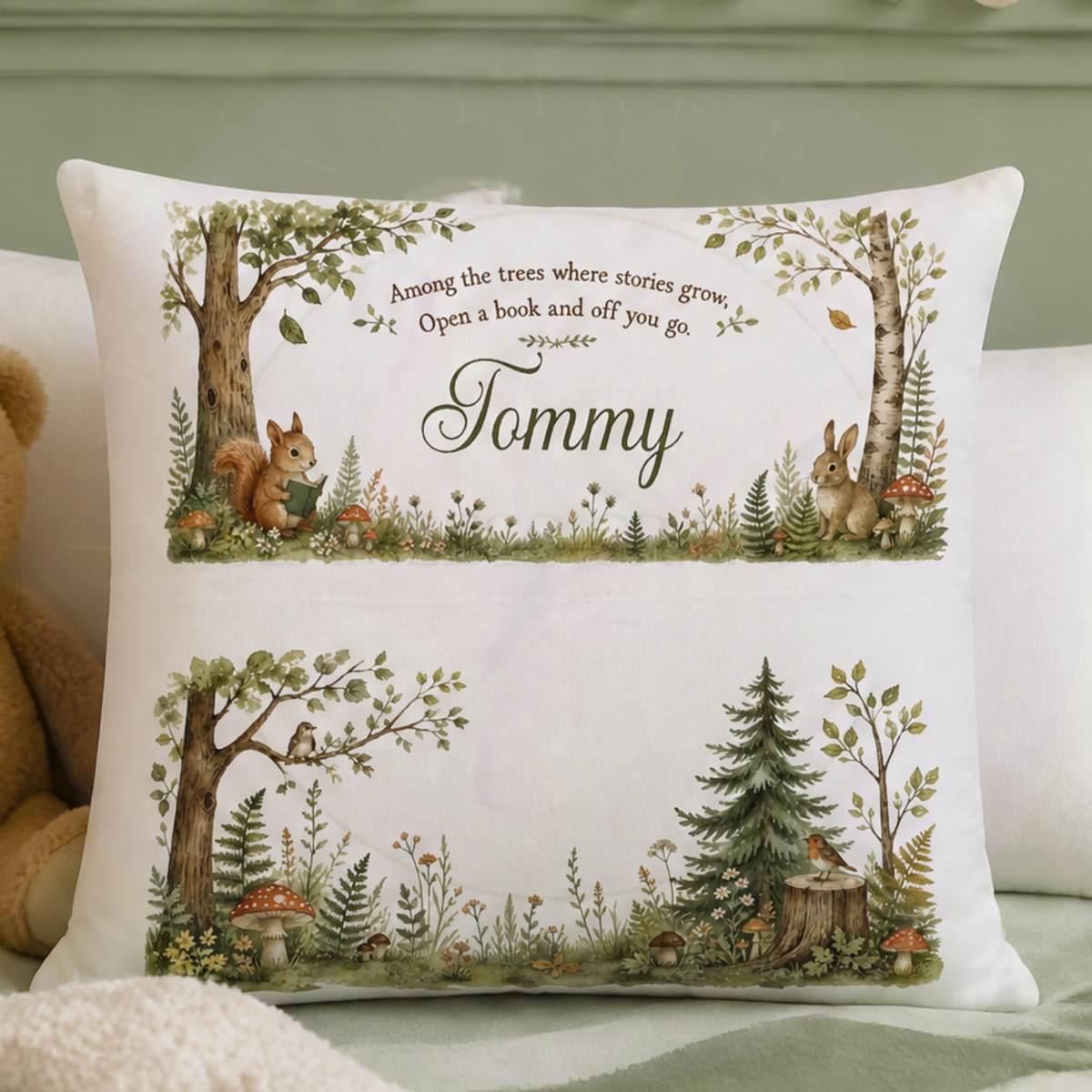 Personalised woodland book cushion with pocket displayed in a neutral children's nursery