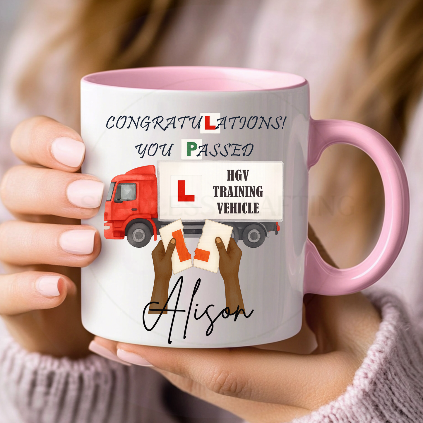 Personalised driving test passed mug with pink handle, custom name Alison HGV pass gift for her UK