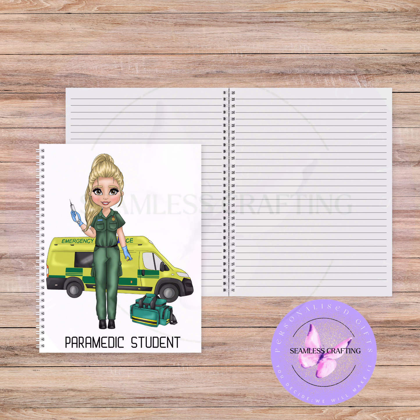 Personalised paramedic notebook with custom illustrated character and ambulance