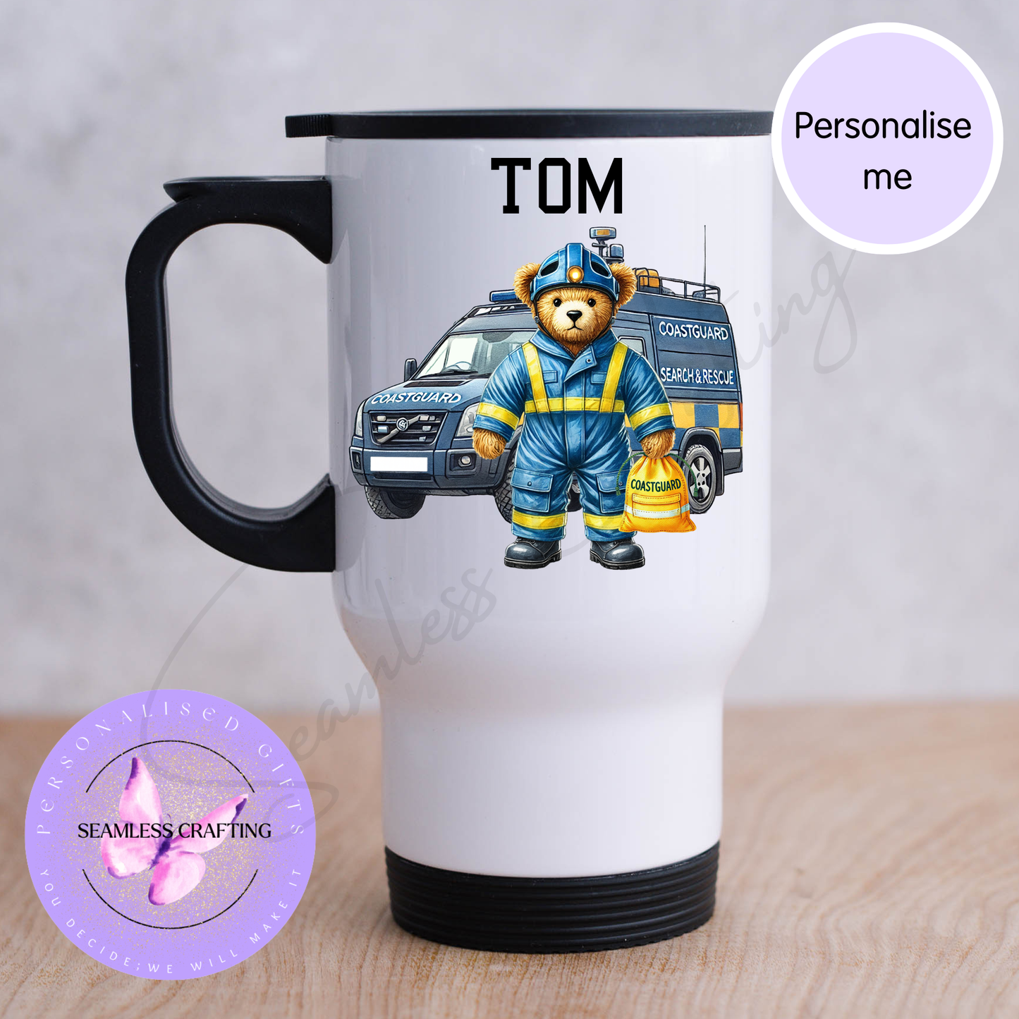 Personalised Coastguard Bear Mug or Travel Mug – Custom Name Search and Rescue Gift