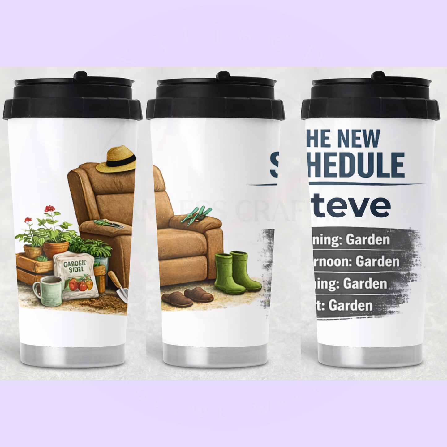 Gardening retirement mug full wrap design armchair plants tools boots personalised name funny schedule gift