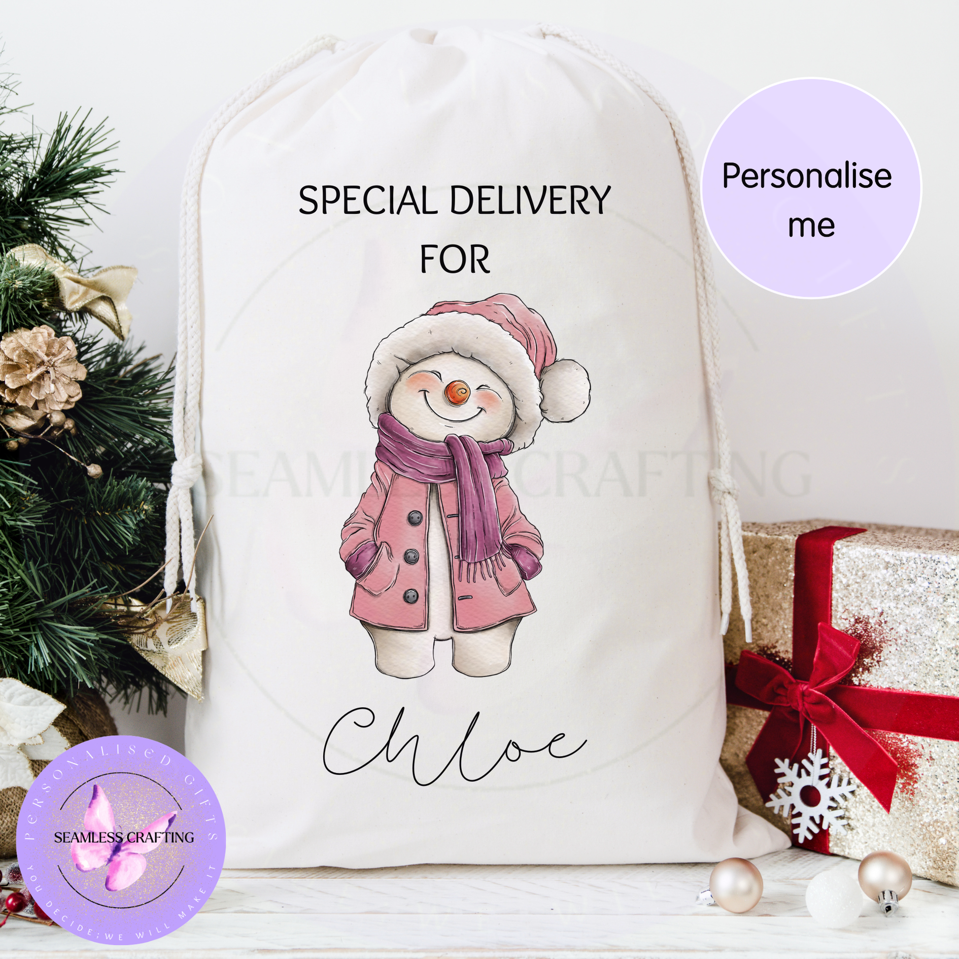 Personalised pink snowman Santa sack with the name Chloe