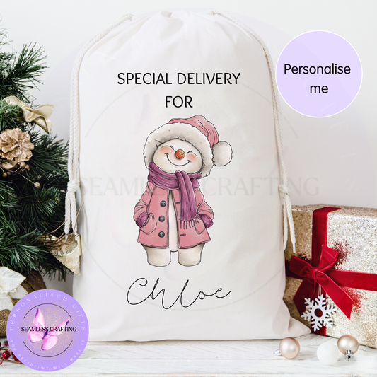 Personalised pink snowman Santa sack with the name Chloe
