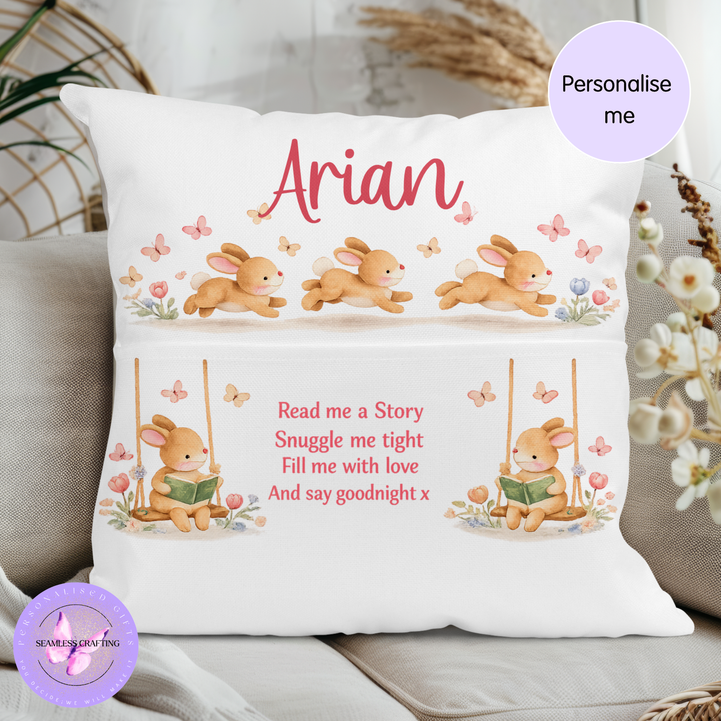 personalised bunny reading cushion with pocket baby bedtime pillow