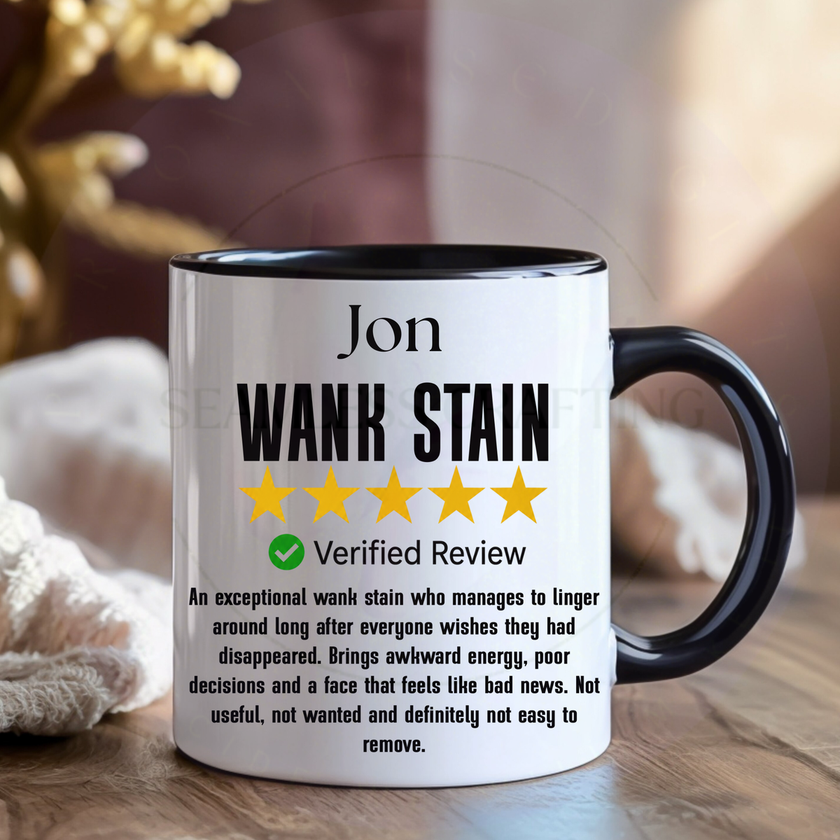 Personalised Wank Stain mug with black handle, custom name and funny verified review design