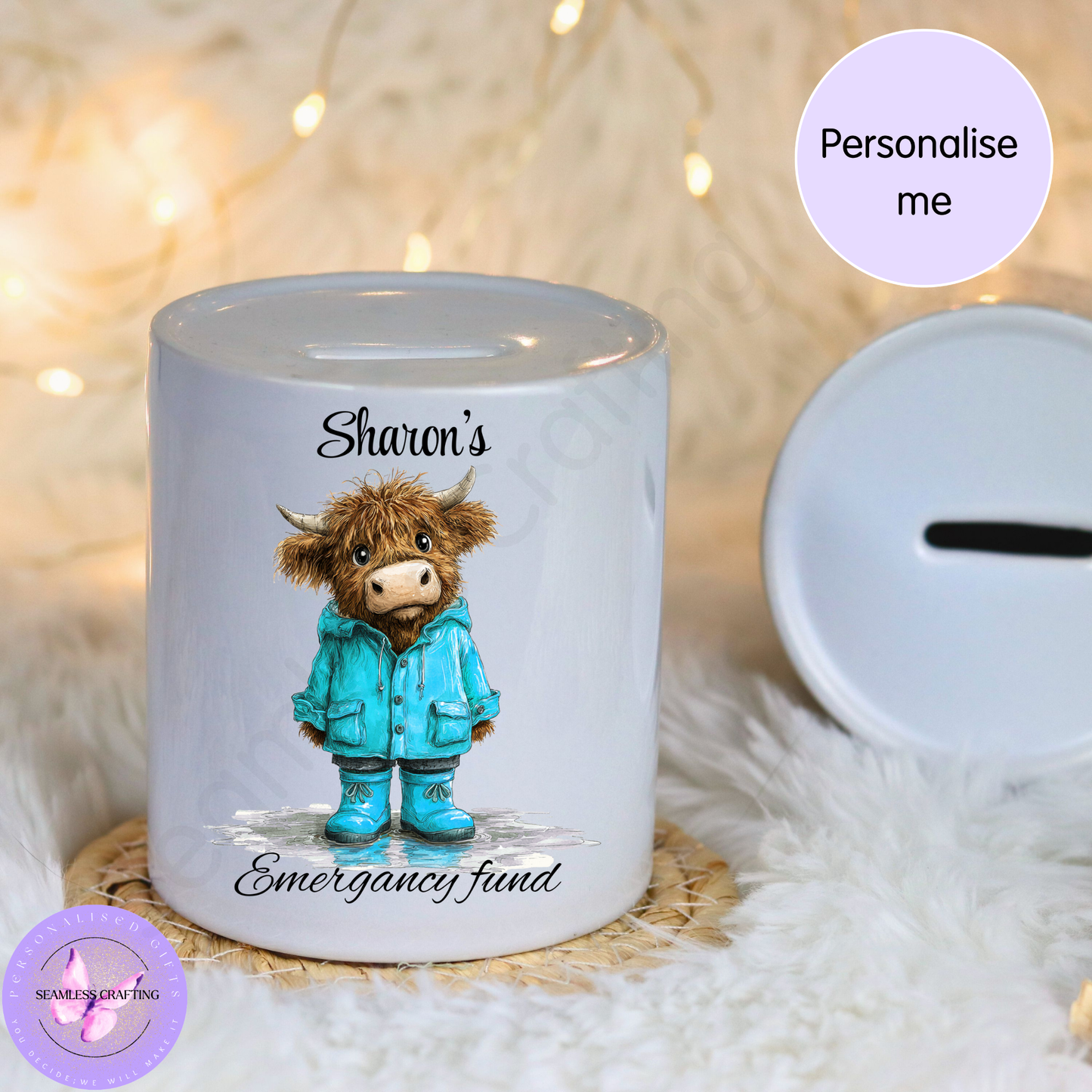 Ceramic coin bank with Highland cow design and custom text