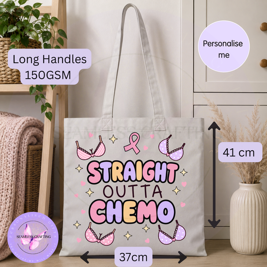 Straight Outta Chemo tote bag measuring 41 by 37 cm with long shoulder handles