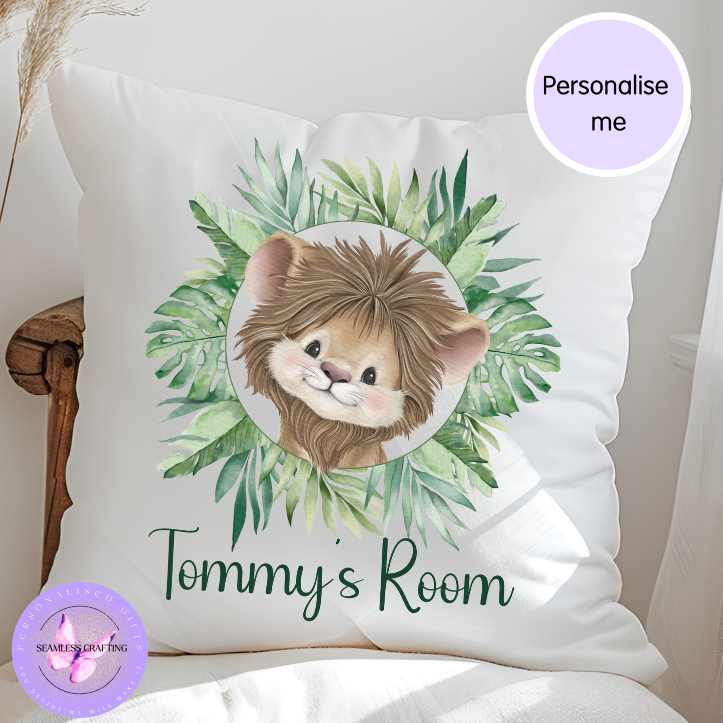 Personalised Jungle Animal Cushion – Custom Name Nursery Pillow – Elephant, Lion, Monkey – Kids Bedroom Decor 40×40cm
