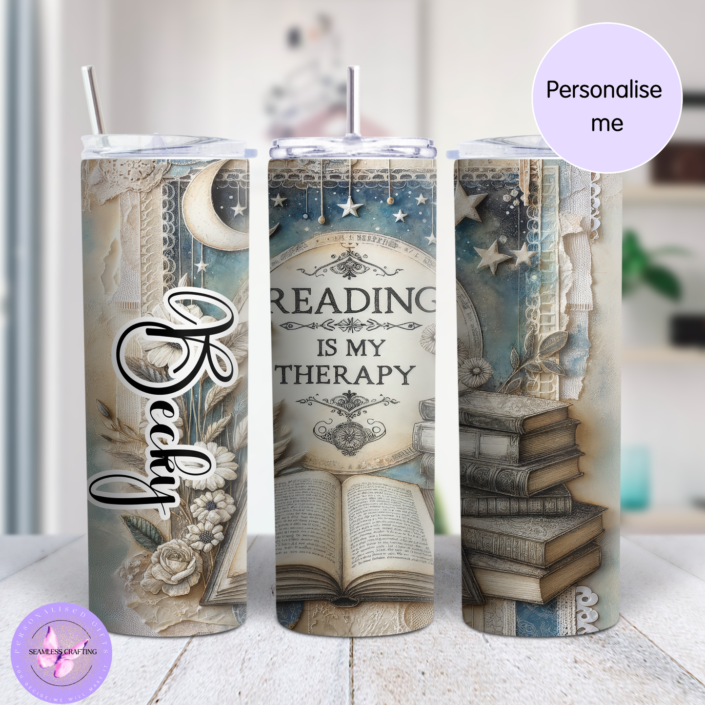 Personalised Reading Is My Therapy Tumbler – Book Lover Gift – Custom Name 15oz or 20oz Stainless Steel Cup